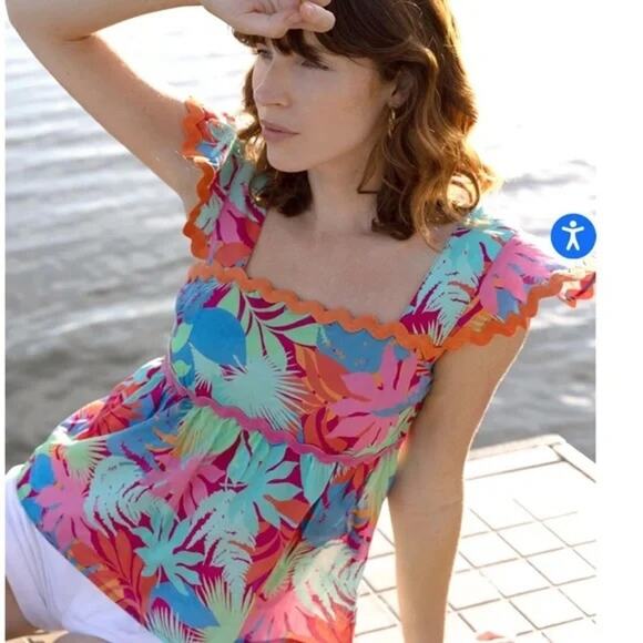 Greylin Skyler Ruffle Scallop Trim Babydoll Square Neck Tropical Top Pink Small - Picture 1 of 8